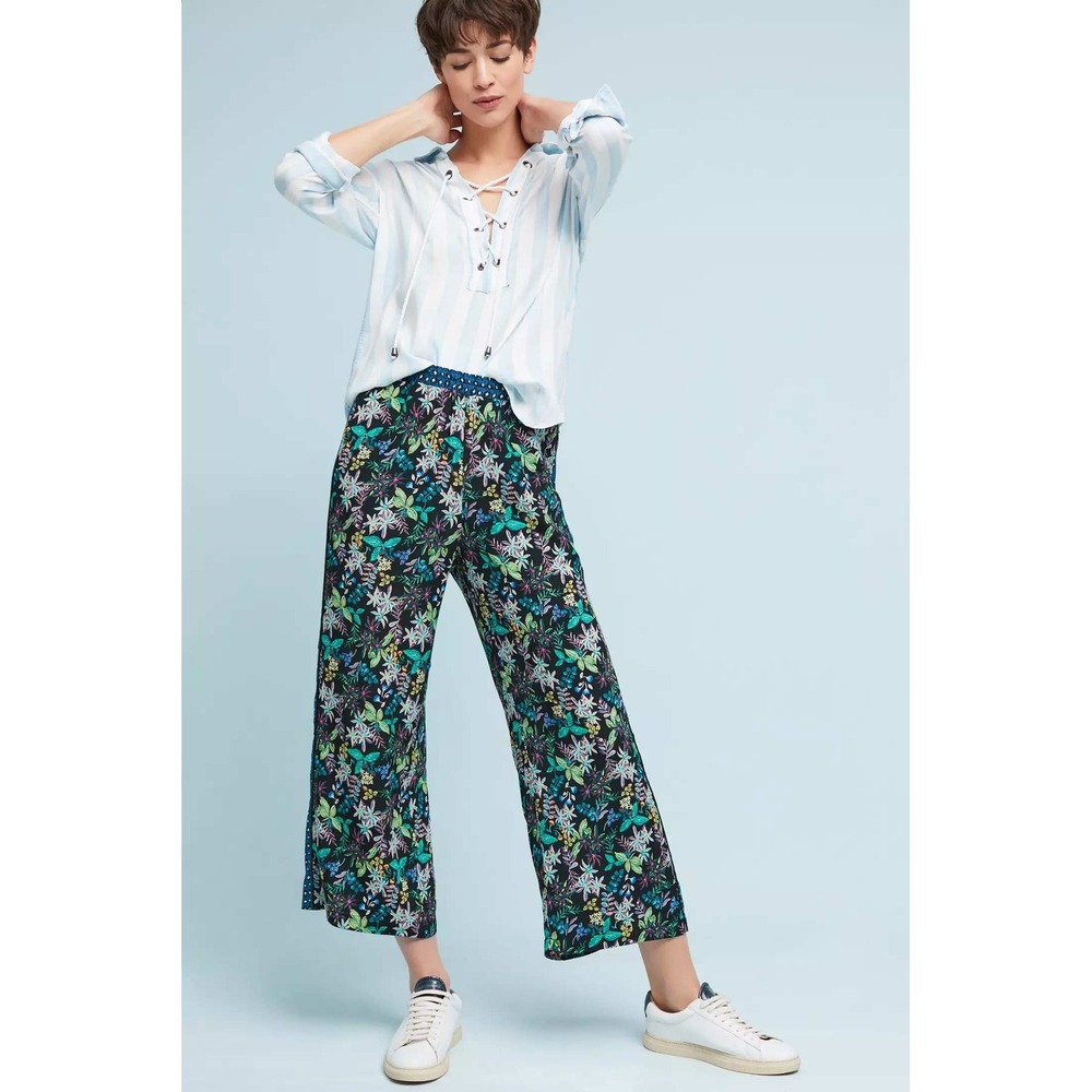 Anthropologie ett:twa Rousseau Cropped Wide Leg Pants Floral Black Blue Size M